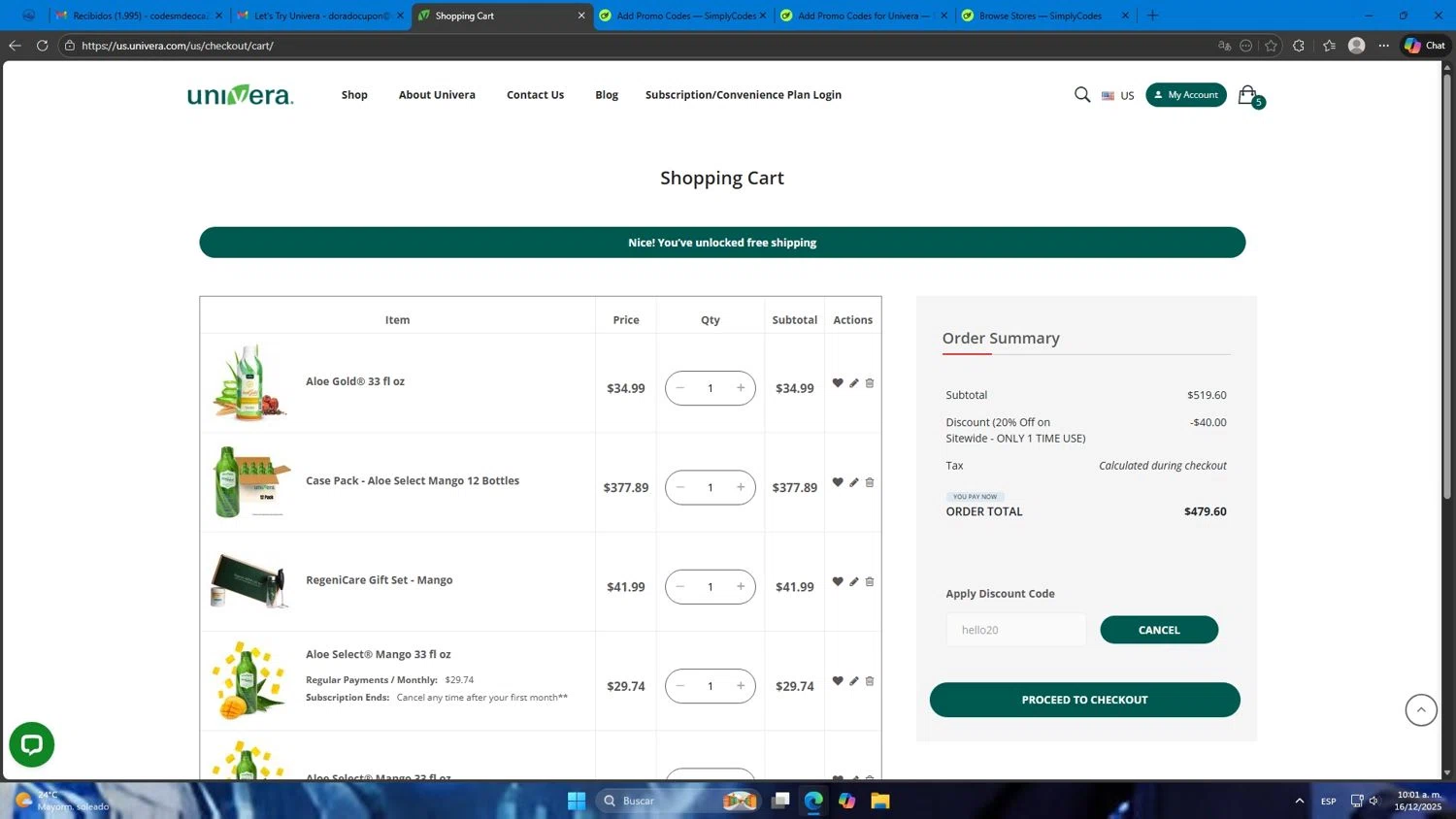 Univera promo code screenshot showing code HELLO20 applied at Univera checkout page. Uploaded by SimplyCodes community member Mdeoca on Dec 16, 2025