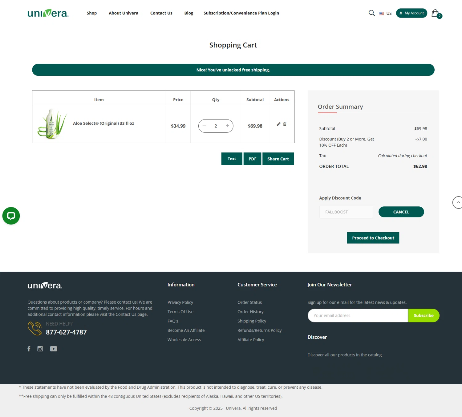 Univera promo code screenshot showing code FALLBOOST applied at Univera checkout page. Uploaded by SimplyCodes community member Serdanvz on Sep 15, 2025