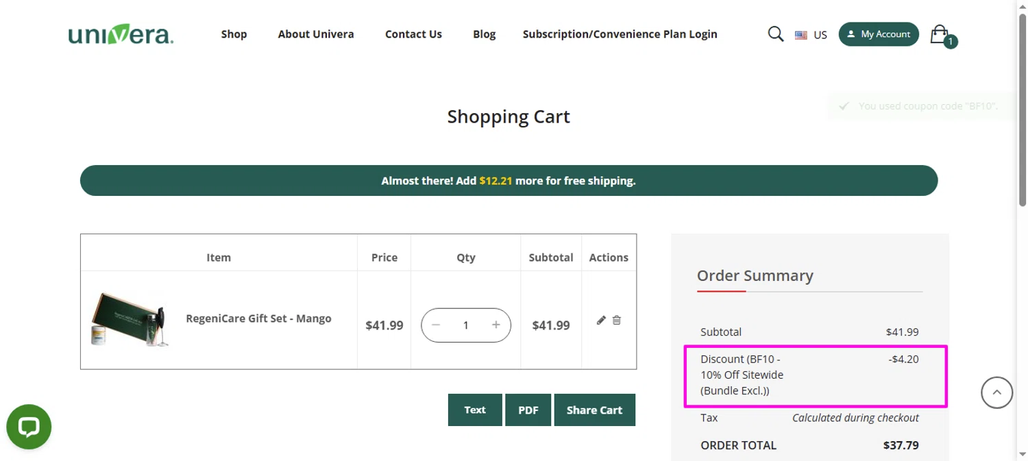 Univera promo code screenshot showing code BF10 applied at Univera checkout page. Uploaded by SimplyCodes community member mrdarcy on Nov 14, 2025
