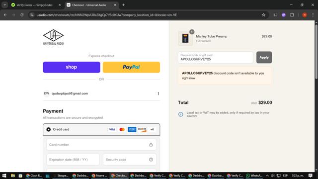 Universal Audio checkout page showing Universal Audio promo code box | Screenshot taken by SimplyCodes community member on Sep 2, 2025