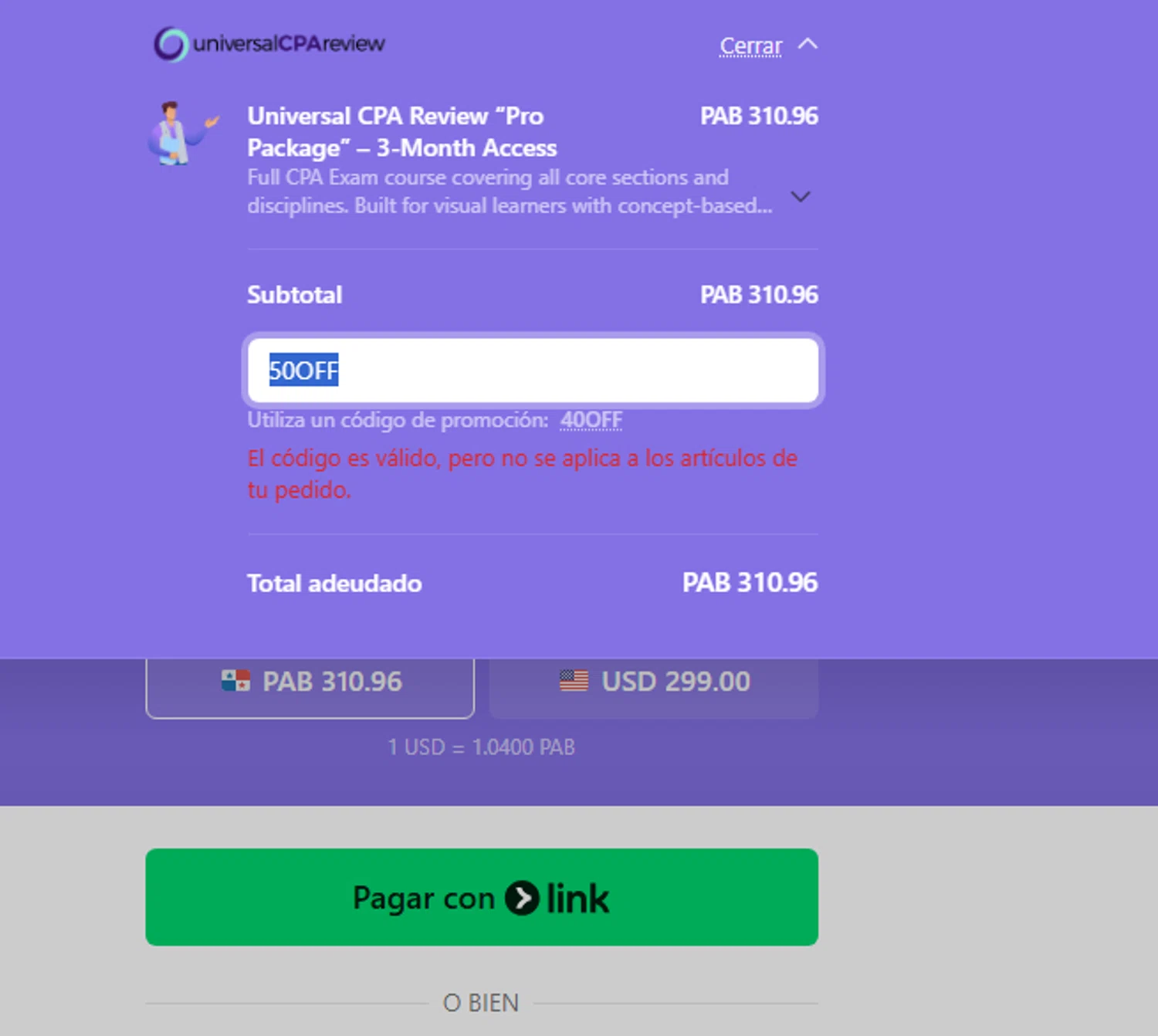 Universal CPA Review promo code screenshot showing code 50OFF applied at Universal CPA Review checkout page. Uploaded by SimplyCodes community member ValiantLion5897 on Jun 2, 2026