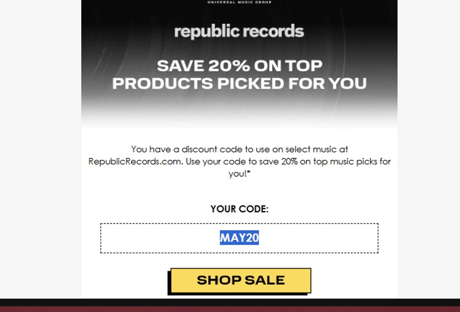 Universal Music promo code screenshot showing code MAY20 applied at Universal Music checkout page. Uploaded by SimplyCodes community member NPGF10 on May 12, 2025