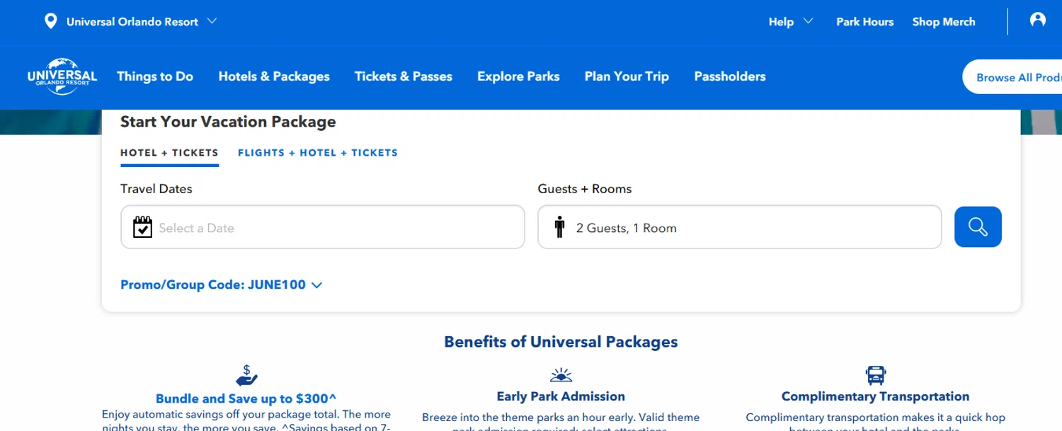 Universal Orlando promo code screenshot showing code JUNE100 applied at Universal Orlando checkout page. Uploaded by SimplyCodes community member Loki_Odinson on Jun 5, 2026