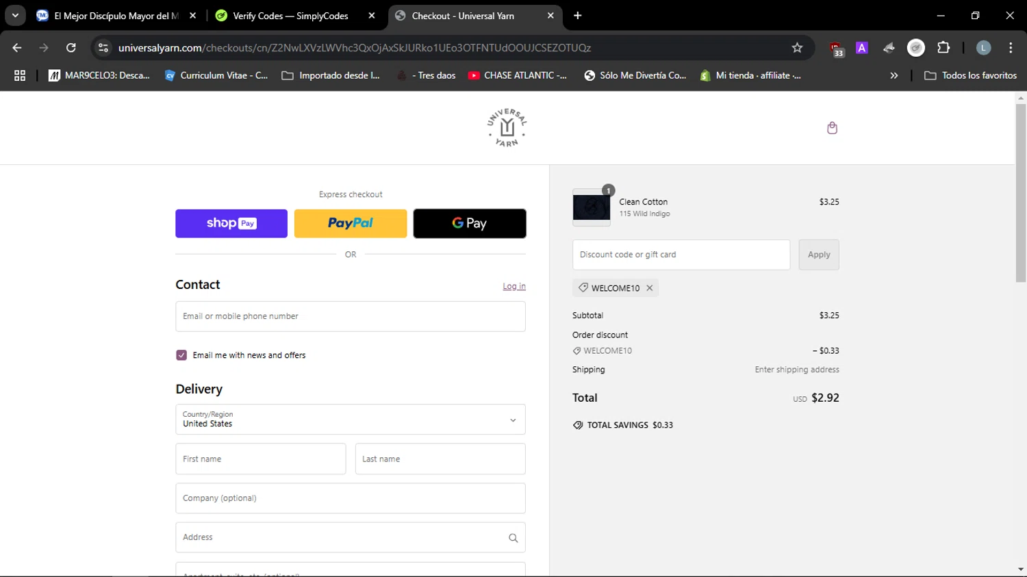 where to use Universal Yarn promo code box