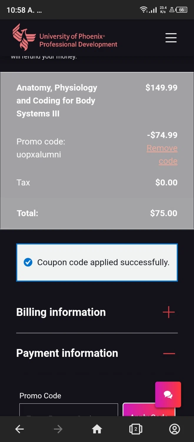 University of Phoenix checkout page showing University of Phoenix promo code box | Screenshot taken by SimplyCodes community member on Jan 4, 2023