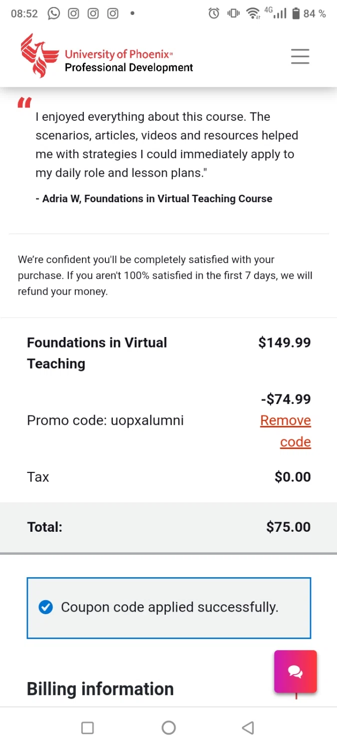 University of Phoenix checkout page showing University of Phoenix promo code box | Screenshot taken by SimplyCodes community member on Jan 31, 2023