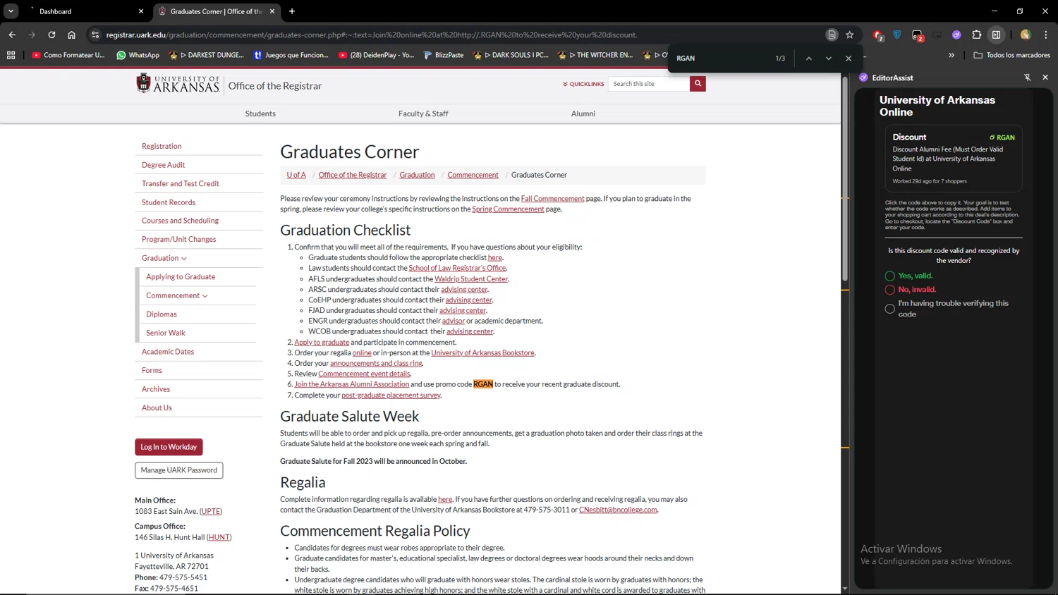 University of Arkansas Online promo code screenshot showing code RGAN applied at University of Arkansas Online checkout page. Uploaded by SimplyCodes community member MiauMiau on Dec 20, 2025