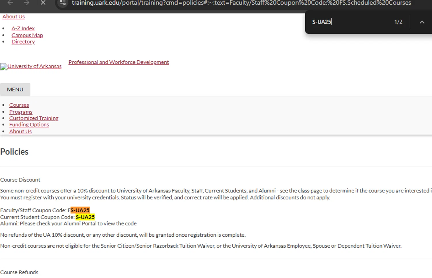 University of Arkansas Online promo code screenshot showing code S-UA25 applied at University of Arkansas Online checkout page. Uploaded by SimplyCodes community member Eminem on Feb 16, 2026