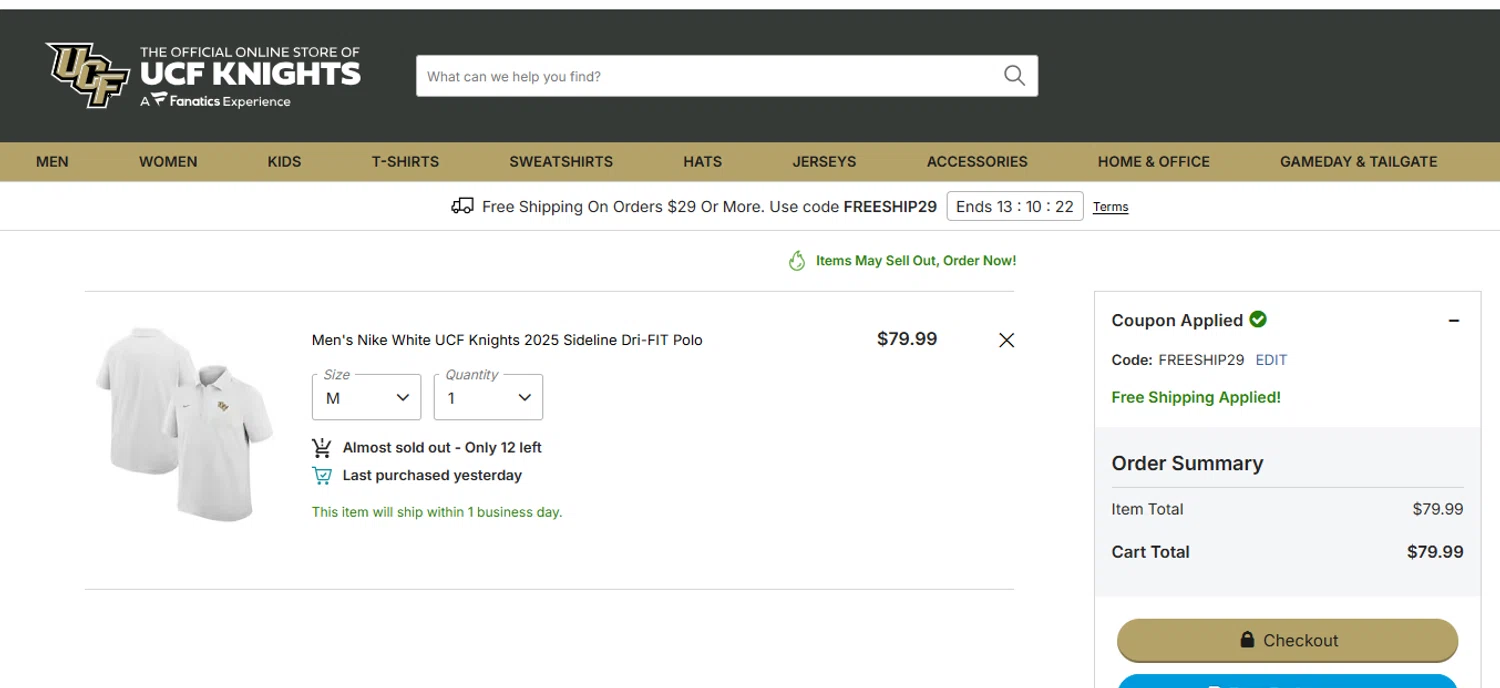 University of Central Florida promo code screenshot showing code FREESHIP29 applied at University of Central Florida checkout page. Uploaded by SimplyCodes community member yeresojperez on Sep 16, 2025