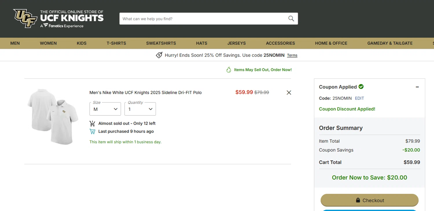 University of Central Florida promo code screenshot showing code 25NOMIN applied at University of Central Florida checkout page. Uploaded by SimplyCodes community member yeresojperez on Sep 8, 2025