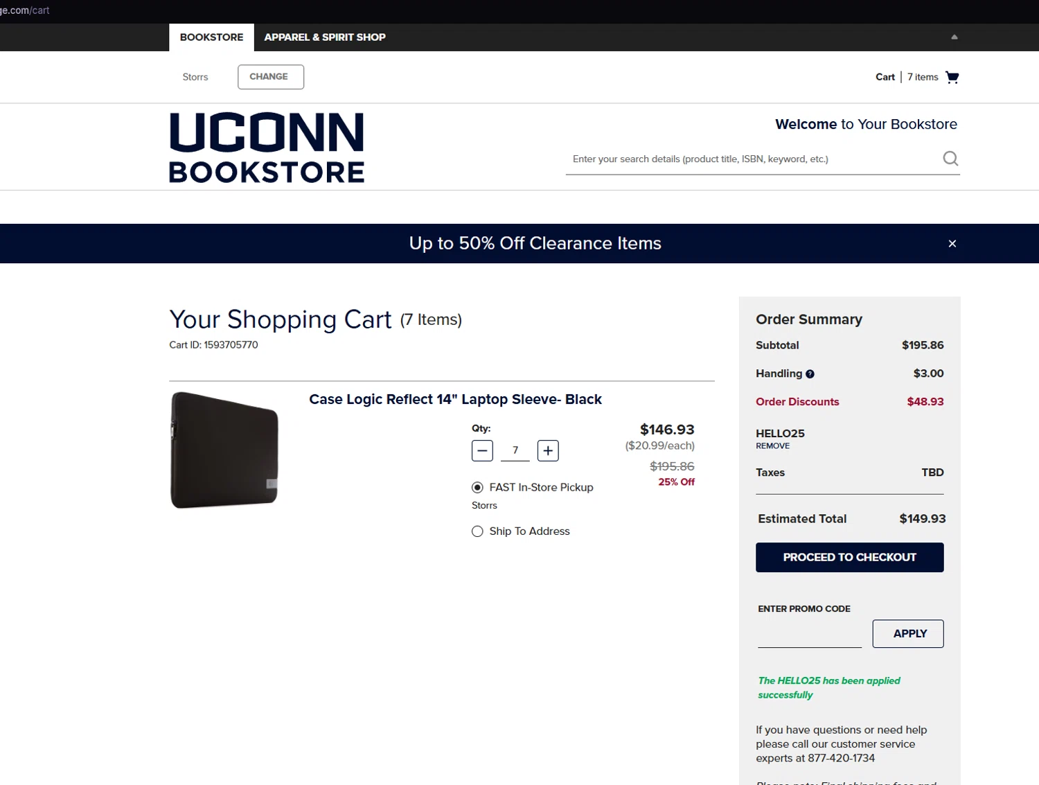 University of Connecticut promo code screenshot showing code HELLO25 applied at University of Connecticut checkout page. Uploaded by SimplyCodes community member Handivlak on Jan 9, 2026