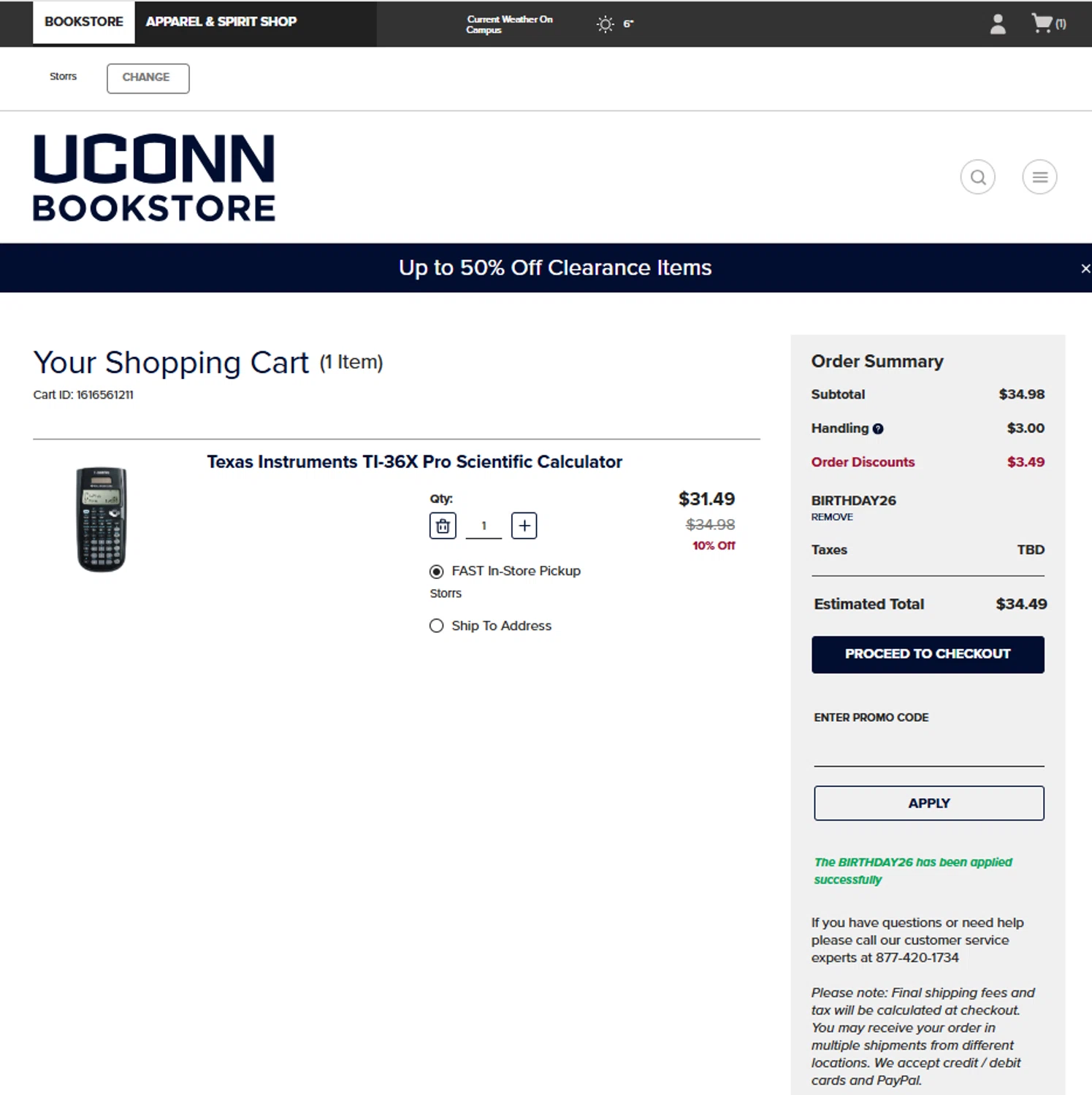 University of Connecticut promo code screenshot showing code BIRTHDAY26 applied at University of Connecticut checkout page. Uploaded by SimplyCodes community member reggiesmith on Jan 30, 2026