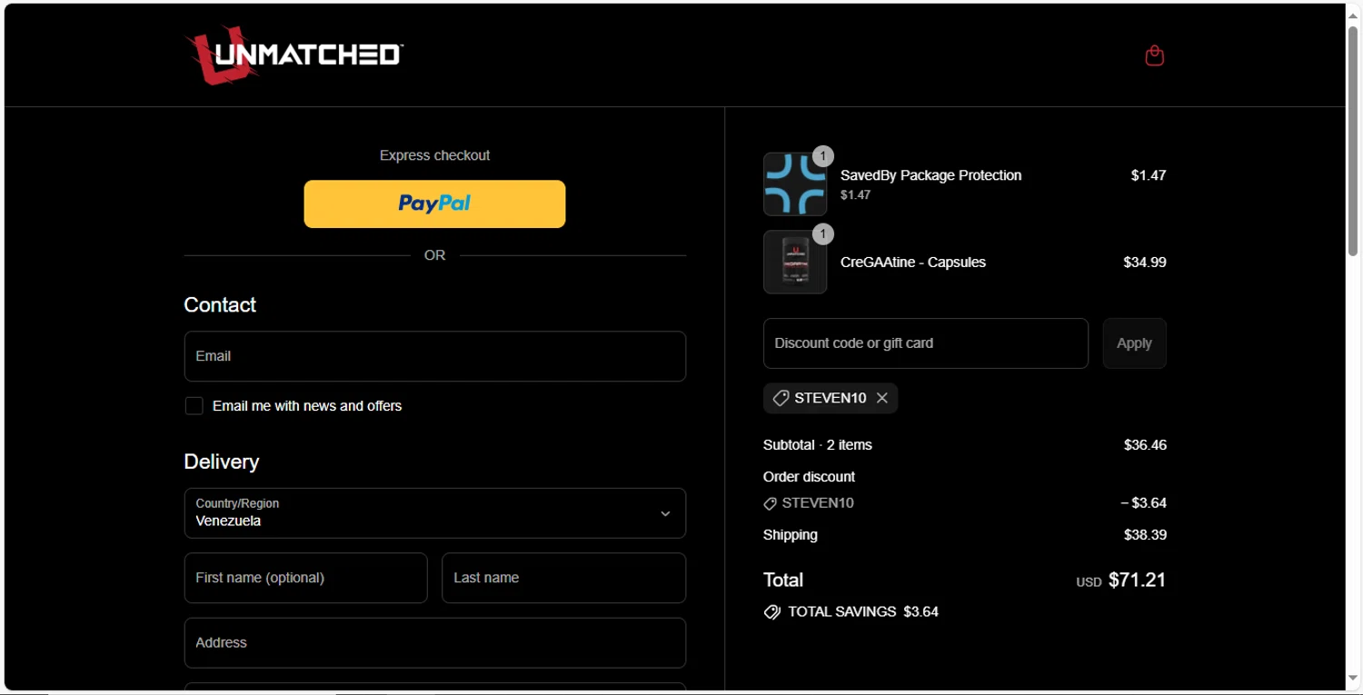 Unmatched Supps promo code screenshot showing code STEVEN10 applied at Unmatched Supps checkout page. Uploaded by SimplyCodes community member MagnificentVirtuoso8433 on Aug 4, 2025