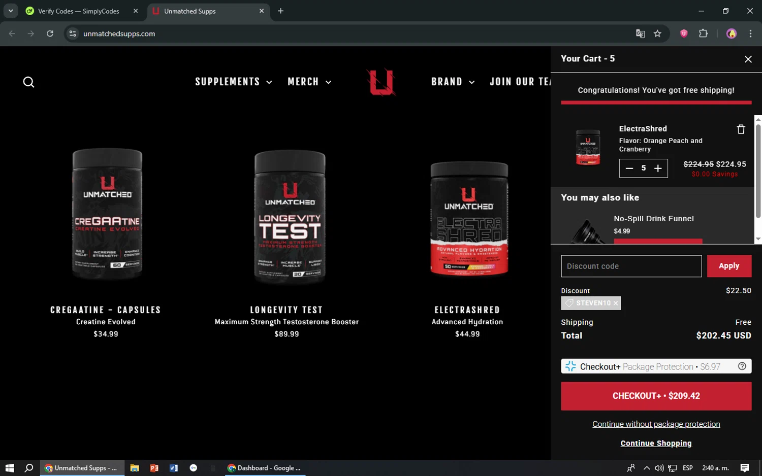 Unmatched Supps promo code screenshot showing code STEVEN10 applied at Unmatched Supps checkout page. Uploaded by SimplyCodes community member TreasureShopper9156 on Jul 22, 2025