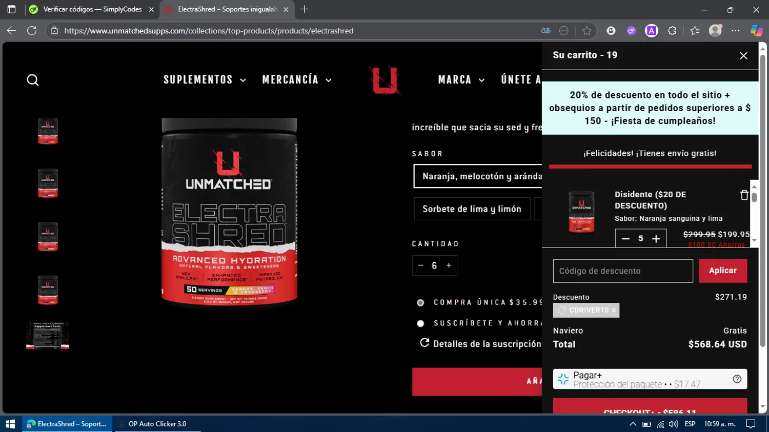 Unmatched Supps promo code screenshot showing code CDRIVER10 applied at Unmatched Supps checkout page. Uploaded by SimplyCodes community member Billy2222 on Jun 24, 2025