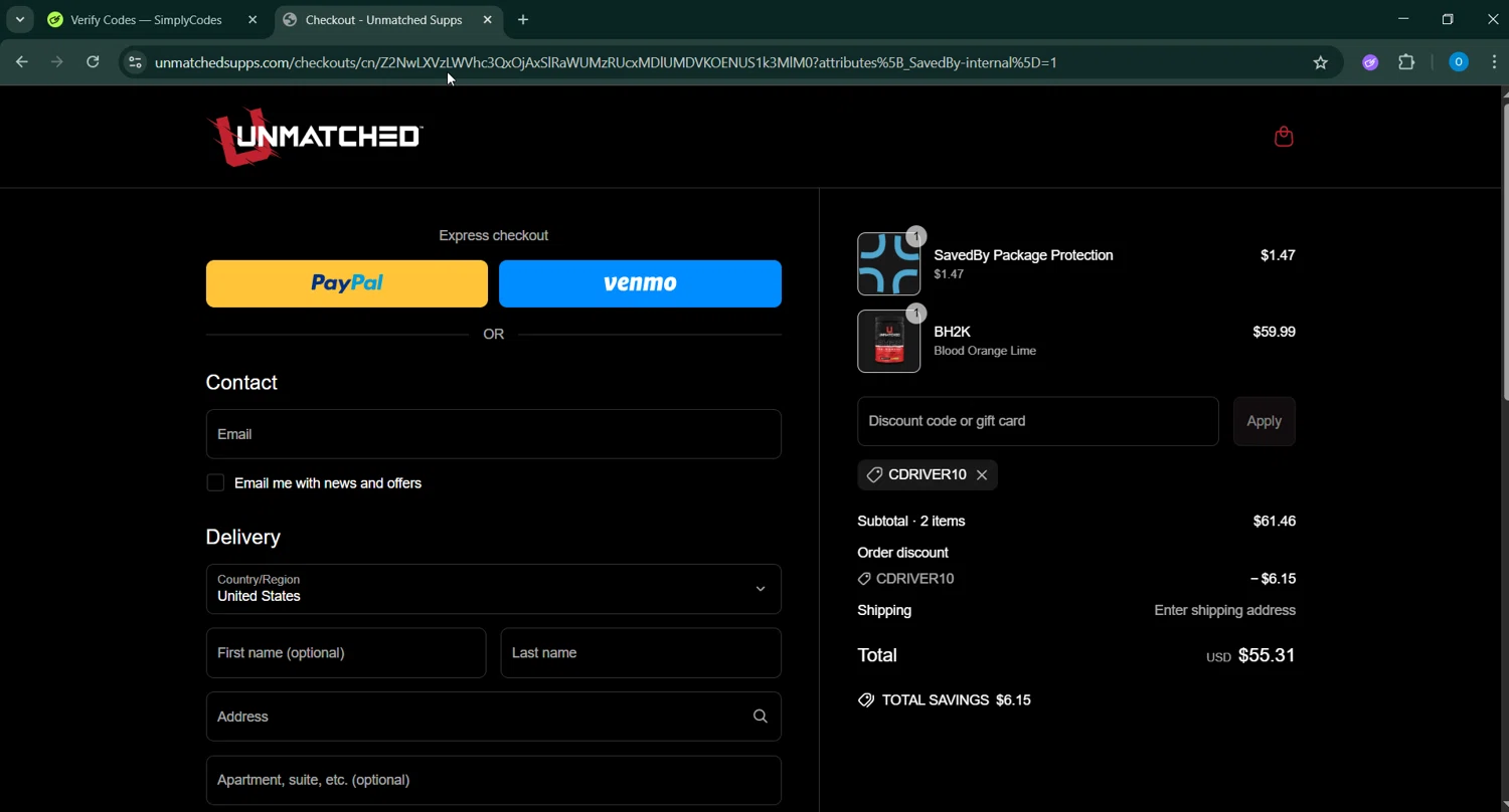 Unmatched Supps promo code screenshot showing code CDRIVER10 applied at Unmatched Supps checkout page. Uploaded by SimplyCodes community member RoyalSage9159 on May 11, 2025