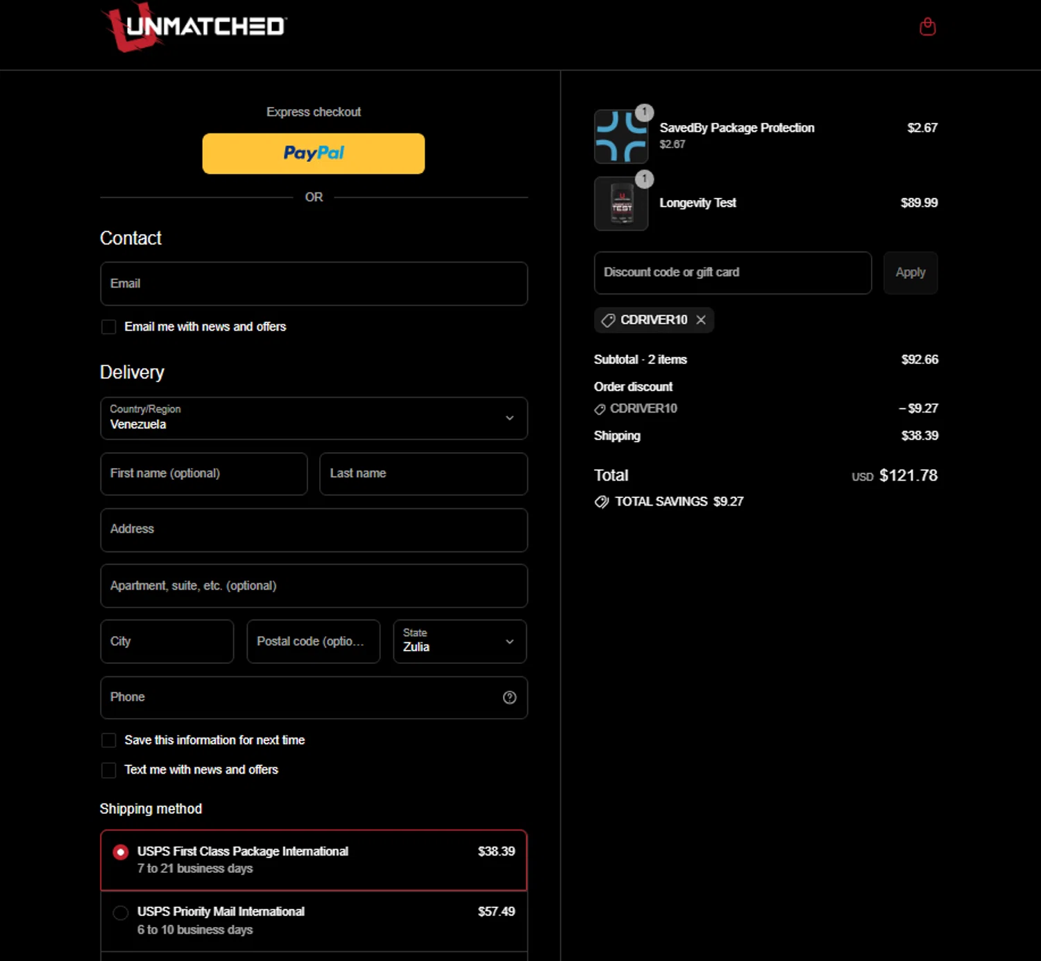 Unmatched Supps promo code screenshot showing code CDRIVER10 applied at Unmatched Supps checkout page. Uploaded by SimplyCodes community member Tortugasninja on Jul 13, 2025