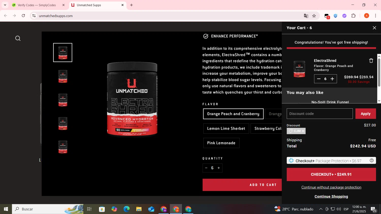 Unmatched Supps promo code screenshot showing code CJM applied at Unmatched Supps checkout page. Uploaded by SimplyCodes community member FrugalSentinel6206 on Jun 21, 2025