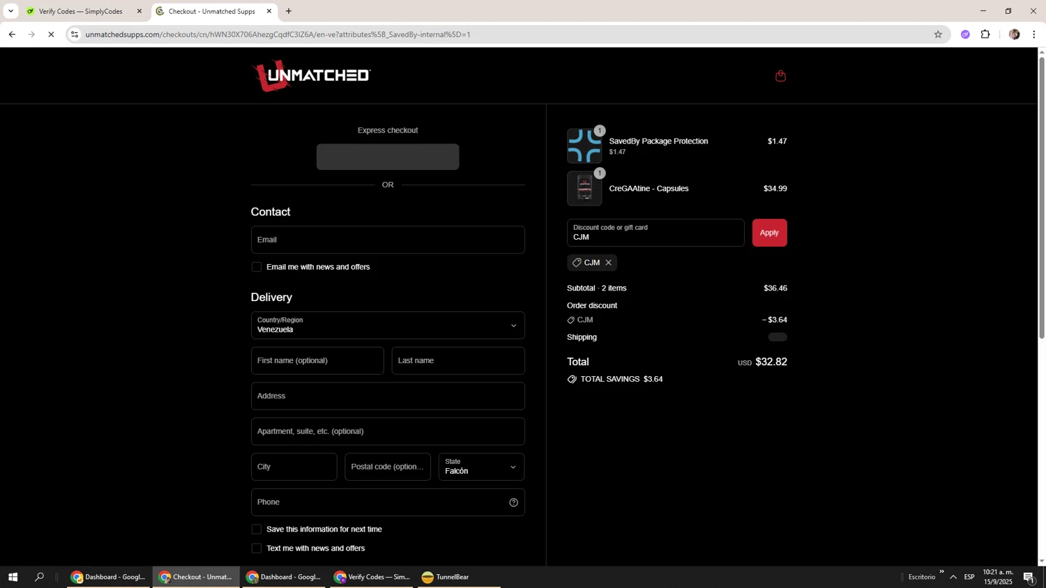 Unmatched Supps promo code screenshot showing code CJM applied at Unmatched Supps checkout page. Uploaded by SimplyCodes community member Levi_Ackerman on Sep 15, 2025