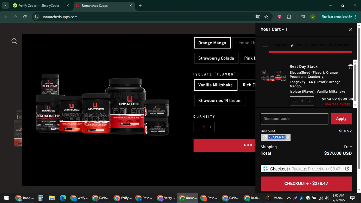 Unmatched Supps promo code screenshot showing code REAPER10 applied at Unmatched Supps checkout page. Uploaded by SimplyCodes community member ShieldFinder369 on Sep 7, 2025