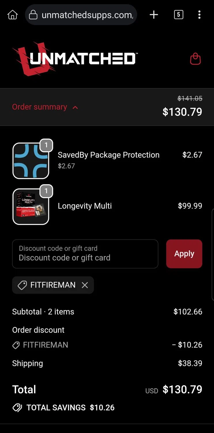 Unmatched Supps promo code screenshot showing code FITFIREMAN applied at Unmatched Supps checkout page. Uploaded by SimplyCodes community member Carloslvz on Sep 24, 2025