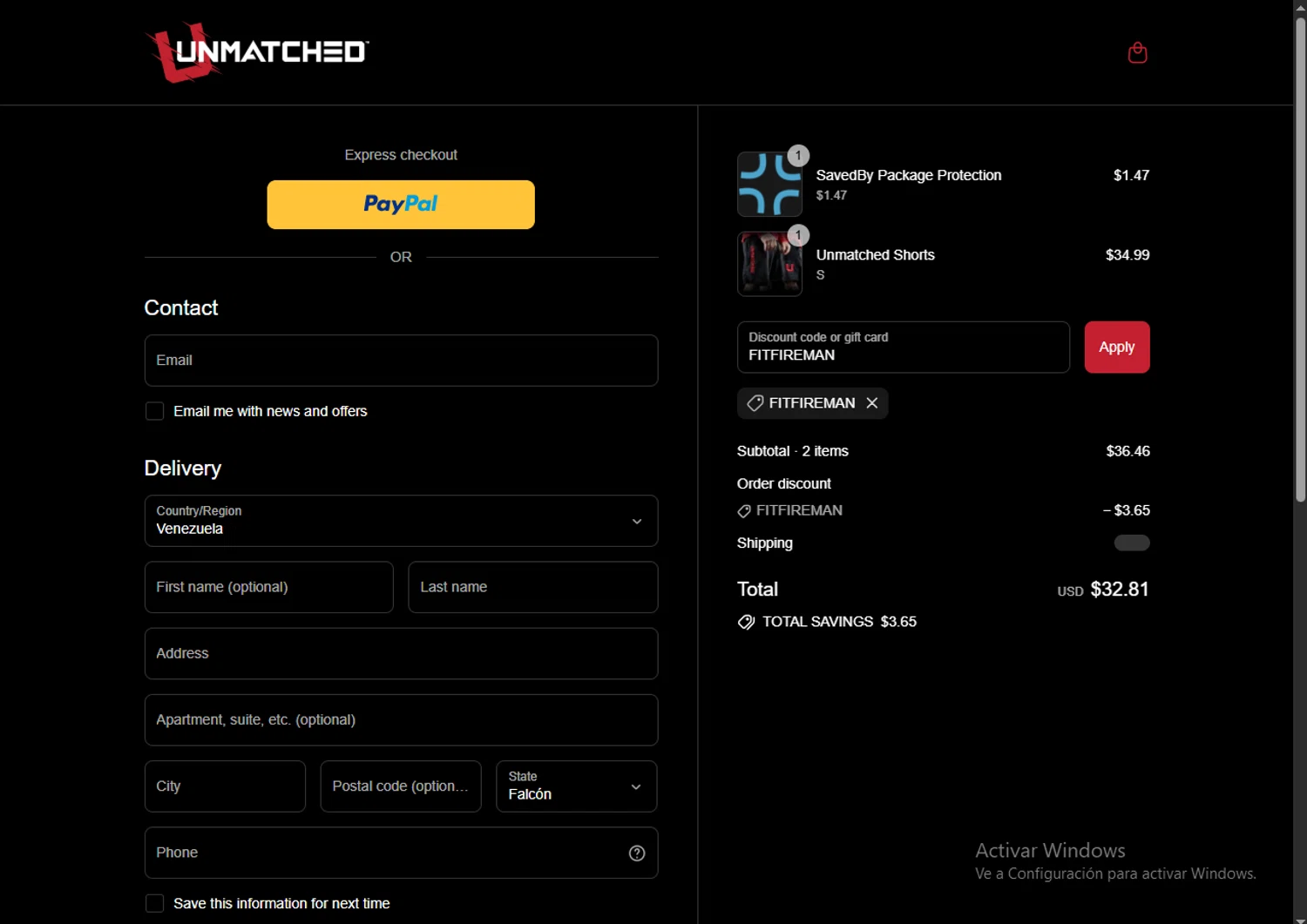 Unmatched Supps promo code screenshot showing code FITFIREMAN applied at Unmatched Supps checkout page. Uploaded by SimplyCodes community member SavvyLynx6076 on Jul 22, 2025