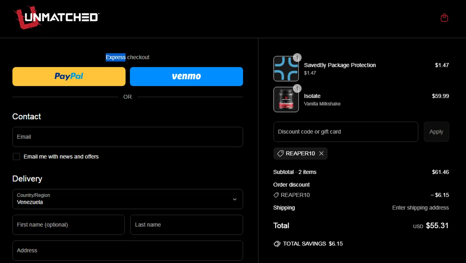 Unmatched Supps promo code screenshot showing code REAPER10 applied at Unmatched Supps checkout page. Uploaded by SimplyCodes community member RonaldAcunaJr on Apr 29, 2025
