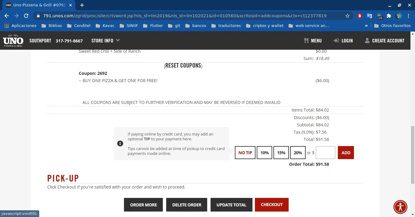 UNO Pizzeria & Grill checkout page showing UNO Pizzeria & Grill promo code box | Screenshot taken by SimplyCodes community member on Aug 28, 2020