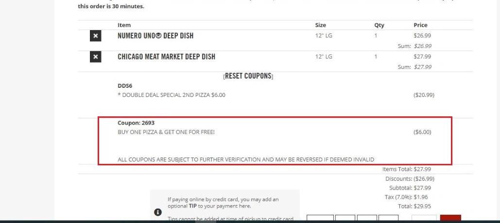 UNO Pizzeria & Grill checkout page showing UNO Pizzeria & Grill promo code box | Screenshot taken by SimplyCodes community member on Jan 3, 2021