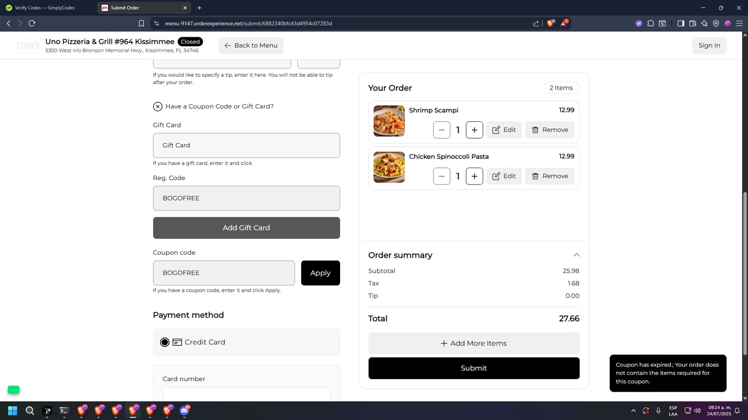 UNO Pizzeria & Grill promo code screenshot showing code BOGOFREE applied at UNO Pizzeria & Grill checkout page. Uploaded by SimplyCodes community member diossanto0421 on Jul 24, 2025