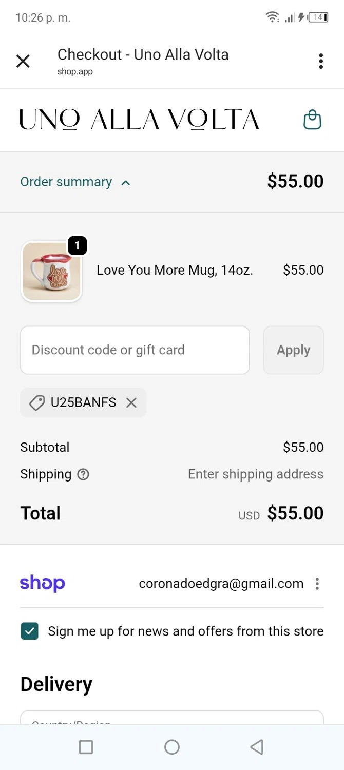 Uno Alla Volta promo code screenshot showing code U25BANFS applied at Uno Alla Volta checkout page. Uploaded by SimplyCodes community member tumiedo on Jan 8, 2026