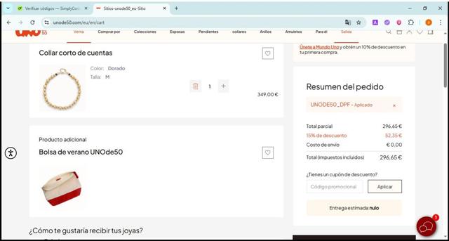 UNOde50 checkout page showing UNOde50 promo code box | Screenshot taken by SimplyCodes community member on Jul 23, 2025
