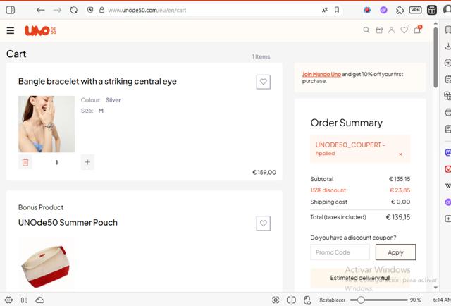 UNOde50 checkout page showing UNOde50 promo code box | Screenshot taken by SimplyCodes community member on Jul 23, 2025