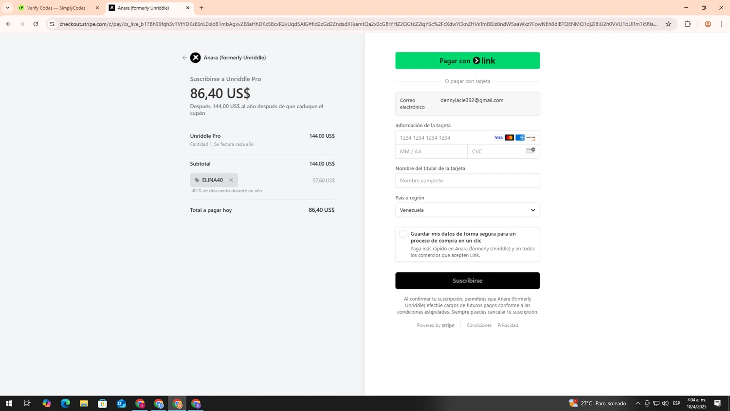 Unriddle promo code screenshot showing code ELINA40 applied at Unriddle checkout page. Uploaded by SimplyCodes community member RoyalLegend4835 on Apr 18, 2025