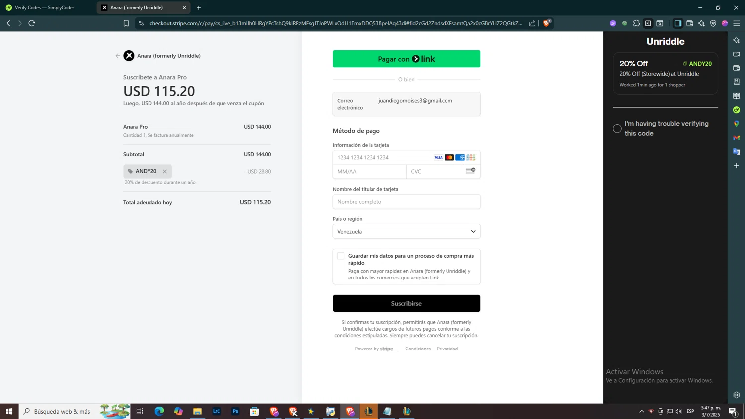 Unriddle promo code screenshot showing code ANDY20 applied at Unriddle checkout page. Uploaded by SimplyCodes community member BOLITAS on Jul 3, 2025