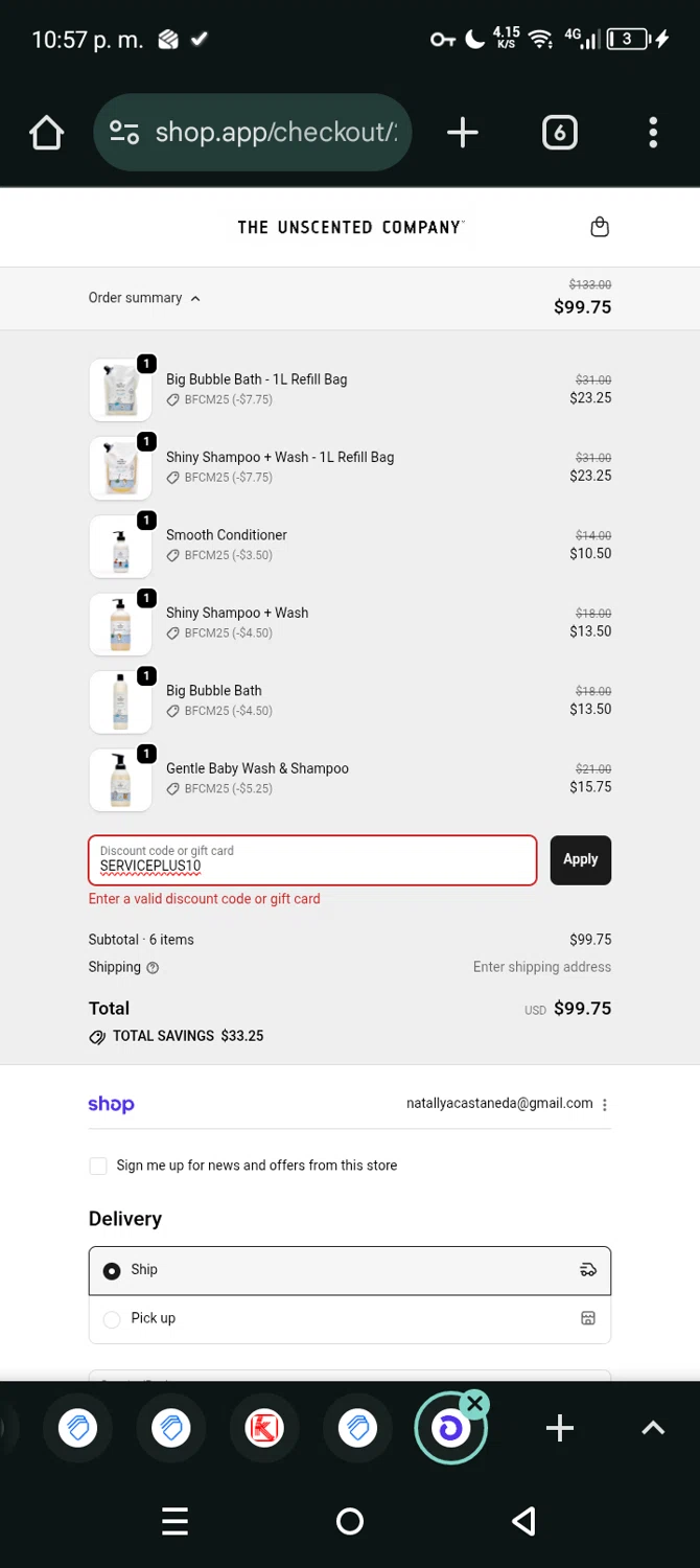 Unscented promo code screenshot showing code SERVICEPLUS10 applied at Unscented checkout page. Uploaded by SimplyCodes community member Eltoro20 on Nov 28, 2025