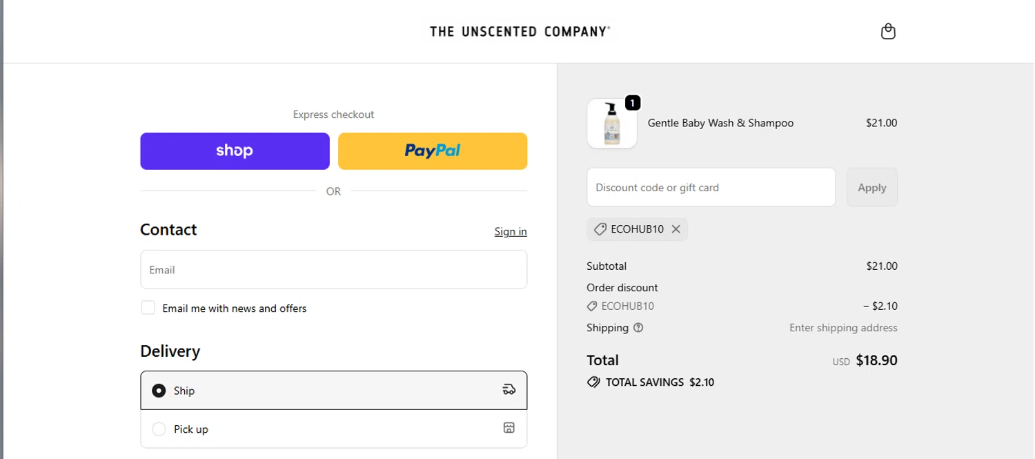 Unscented promo code screenshot showing code ECOHUB10 applied at Unscented checkout page. Uploaded by SimplyCodes community member armalissolorzano1 on Jan 7, 2026