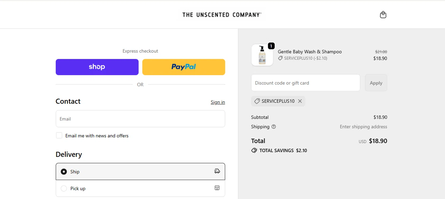 Unscented promo code screenshot showing code SERVICEPLUS10 applied at Unscented checkout page. Uploaded by SimplyCodes community member armalissolorzano1 on Jan 7, 2026