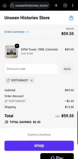 5offunhist coupon verification screenshot