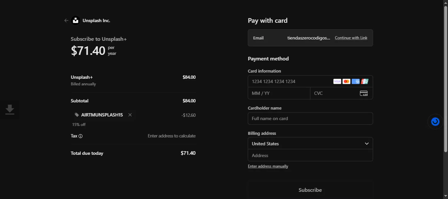 Unsplash promo code screenshot showing code AIRTMUNSPLASH15 applied at Unsplash checkout page. Uploaded by SimplyCodes community member 111111 on Oct 13, 2025