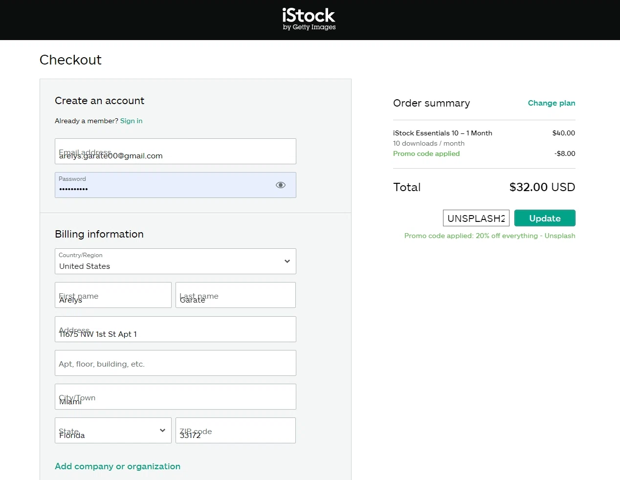 Unsplash checkout page showing Unsplash promo code box | Screenshot taken by SimplyCodes community member on Feb 15, 2023