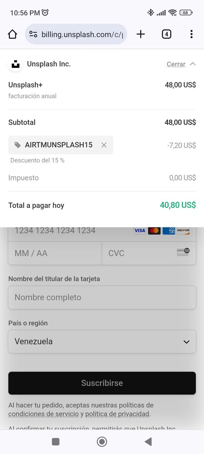 Unsplash checkout page showing Unsplash promo code box | Screenshot taken by SimplyCodes community member on Dec 28, 2023