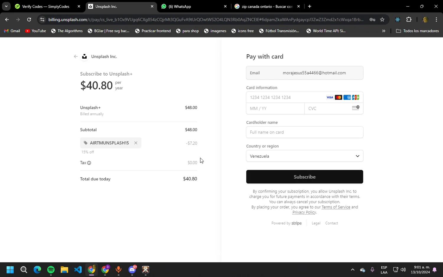 Unsplash checkout page showing Unsplash promo code box | Screenshot taken by SimplyCodes community member on Oct 13, 2024