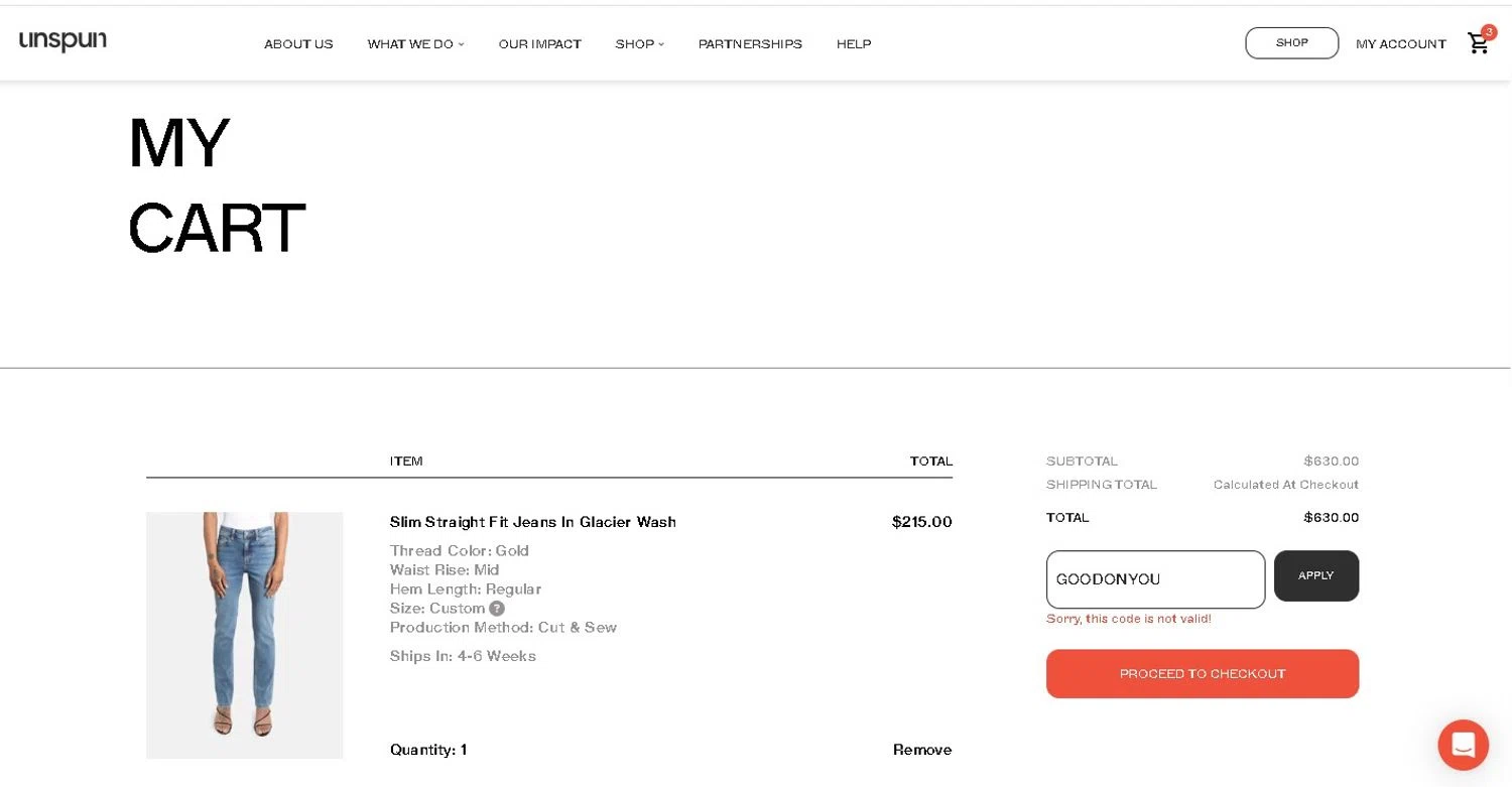 Unspun promo code screenshot showing code GOODONYOU applied at Unspun checkout page. Uploaded by SimplyCodes community member LAMINEJAMAL on Apr 25, 2025