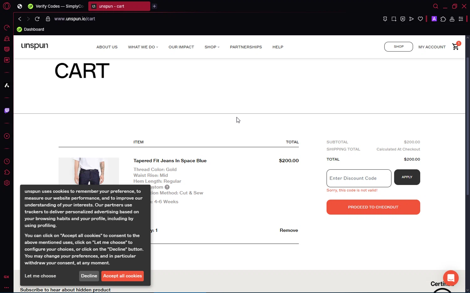 Unspun promo code screenshot showing code GOODONYOU applied at Unspun checkout page. Uploaded by SimplyCodes community member jakeperro on Apr 25, 2025