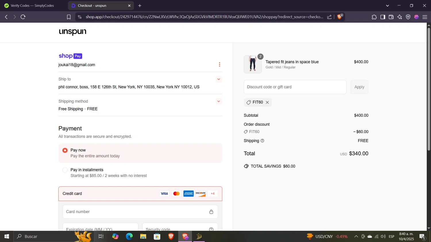 Unspun checkout page showing Unspun promo code box | Screenshot taken by SimplyCodes community member on Apr 10, 2025