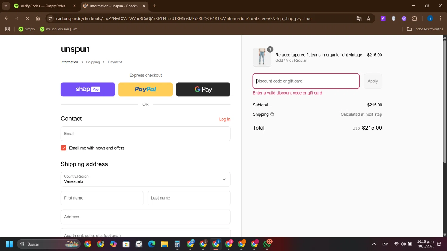 Unspun promo code screenshot showing code FIT60 applied at Unspun checkout page. Uploaded by SimplyCodes community member yameteqdasai on May 19, 2025