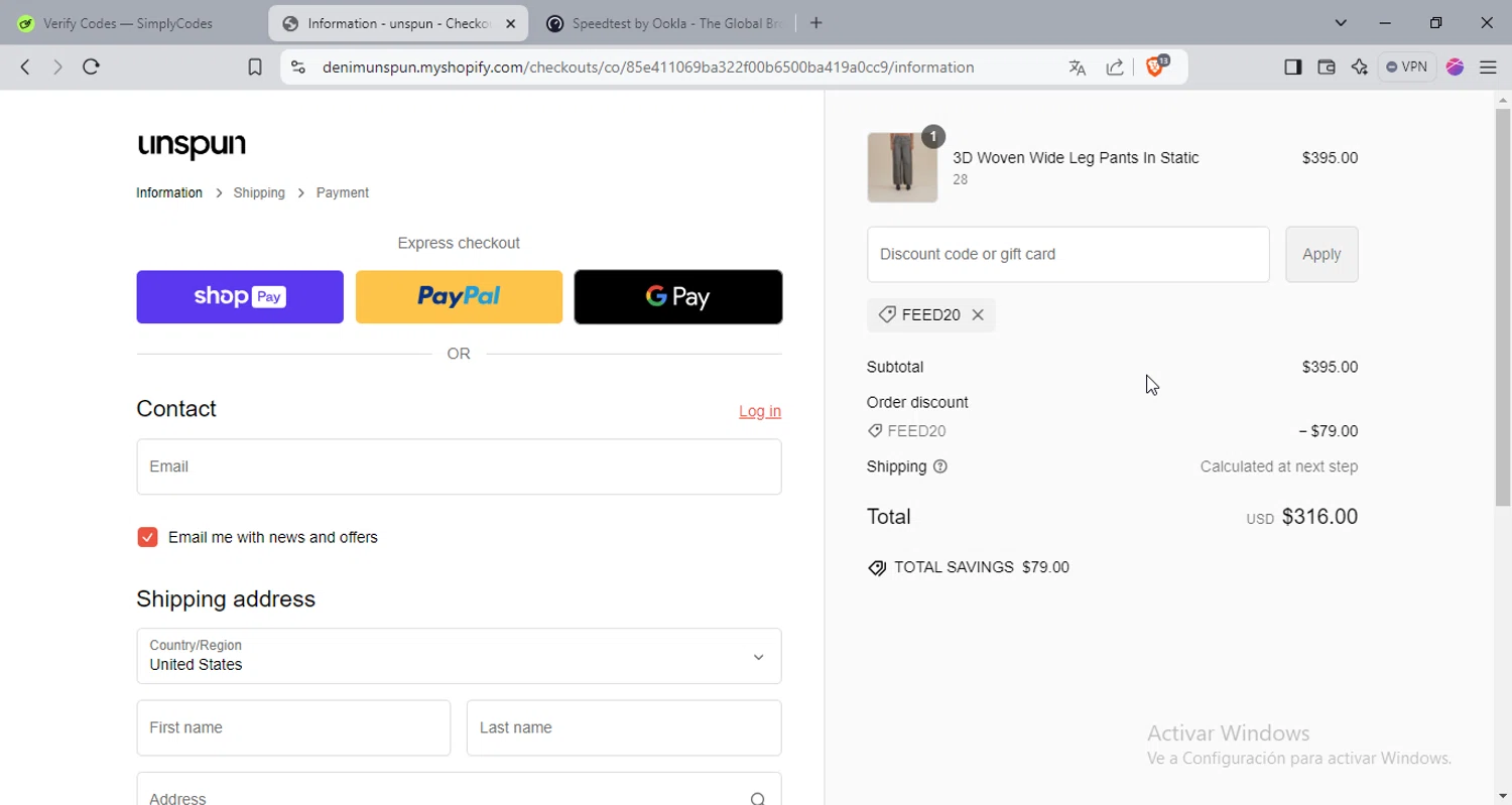 Unspun checkout page showing Unspun promo code box | Screenshot taken by SimplyCodes community member on Nov 14, 2024