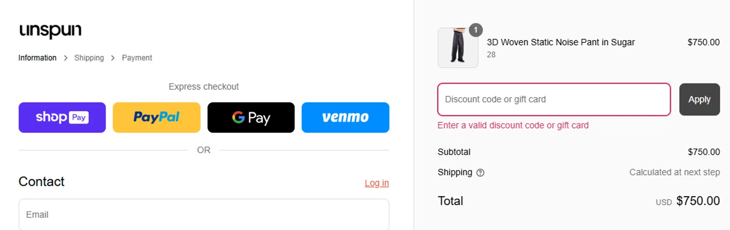 Unspun promo code screenshot showing code FEED20 applied at Unspun checkout page. Uploaded by SimplyCodes community member leiraM on Apr 25, 2025