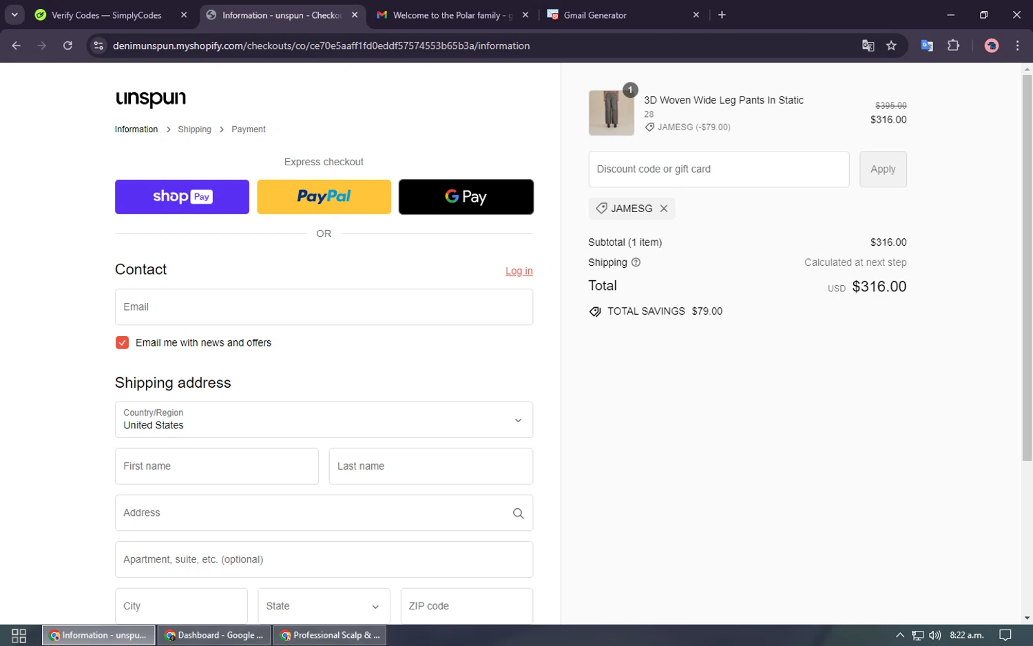 Unspun checkout page showing Unspun promo code box | Screenshot taken by SimplyCodes community member on Sep 9, 2024
